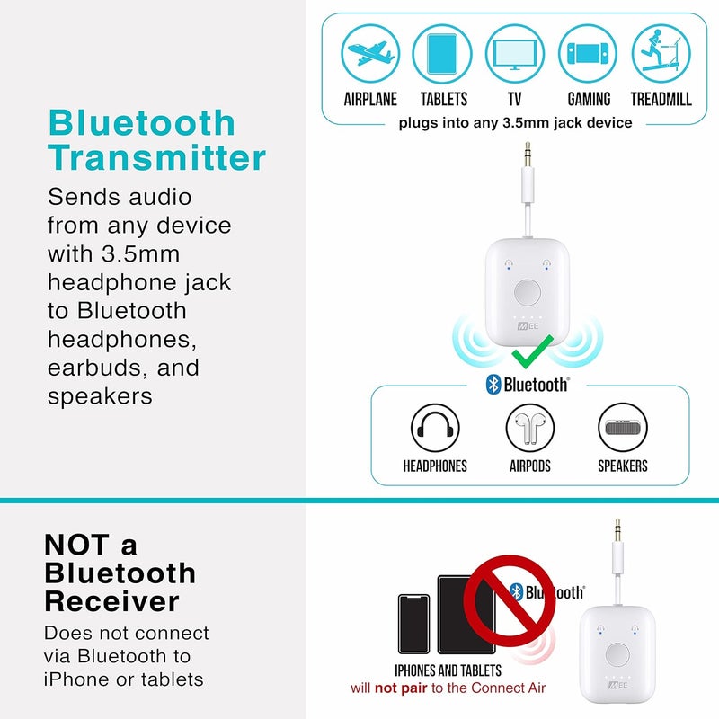 MEE Audio محول صوتي لاسلكي بلوتوث Connect Air أثناء الرحلة لعدد يصل إلى 2 من AirPods / سماعات أخرى؛ يعمل مع جميع مقابس 3.5 مم على الطائرات، معدات الصالة الرياضية، أجهزة التلفاز، وأجهزة الألعاب. - Image 4